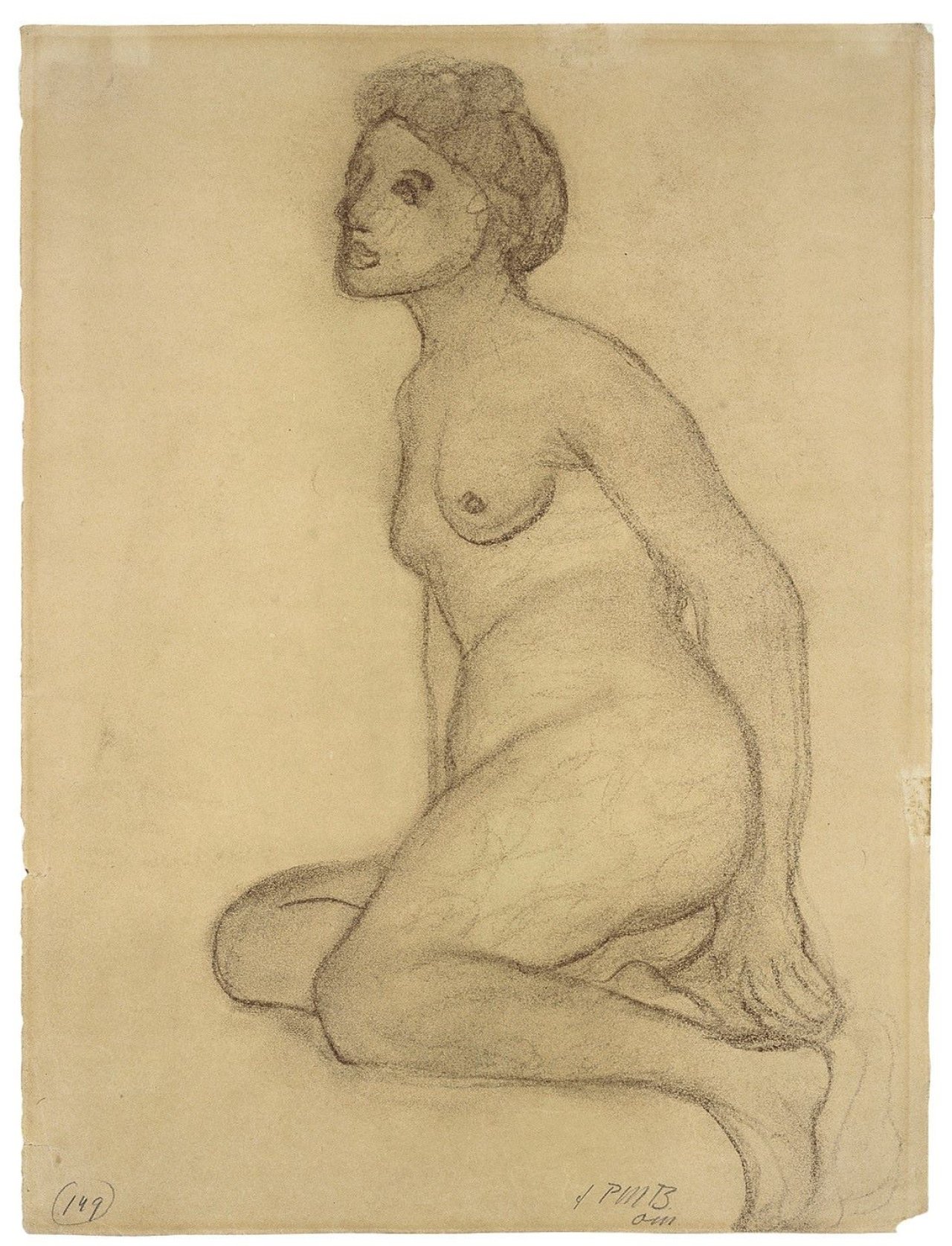 This picture shows the following artwork: Paula Modersohn-Becker. „Sitzender weiblicher Akt nach links (verso: Stehender weiblicher Akt)“. Circa 1905.