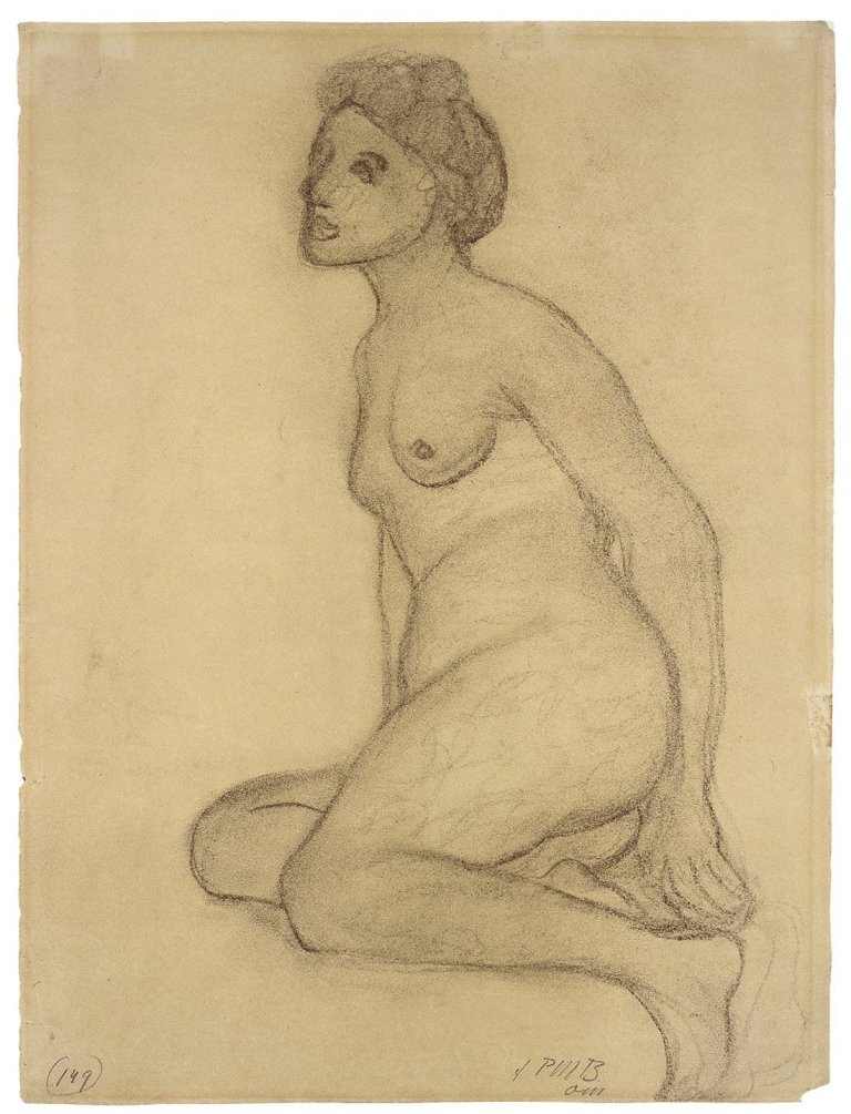 This picture shows the following artwork: Paula Modersohn-Becker. „Sitzender weiblicher Akt nach links (verso: Stehender weiblicher Akt)“. Circa 1905.