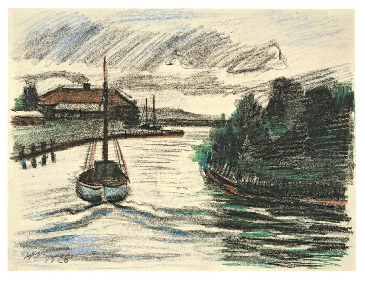 Auf diesem Bild ist das folgende Kunstwerk zu sehen: Max Pechstein. Hafeneinfahrt (Leba). 1928.