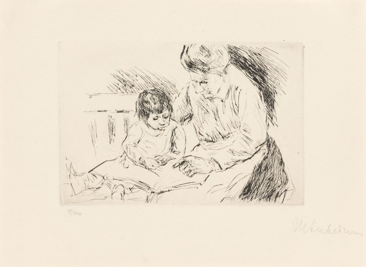 This picture shows the following artwork: Max Liebermann. „Wärterin und Kind auf einer Gartenbank beim Bilderbuchbetrachten“. Approx. 1920.
