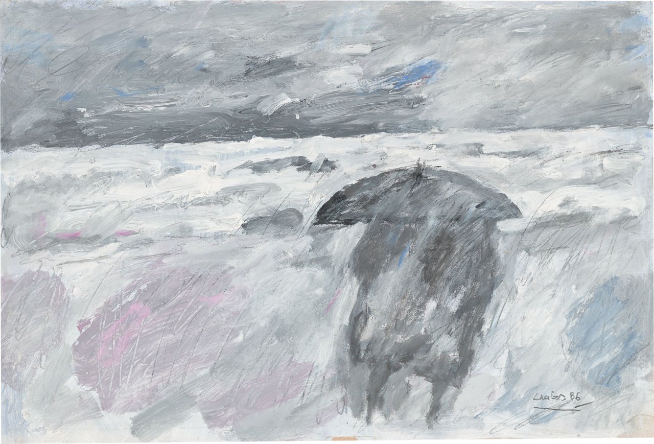 Auf diesem Bild ist das folgende Kunstwerk zu sehen: Hans Laabs. Paar im Regen. 1986.