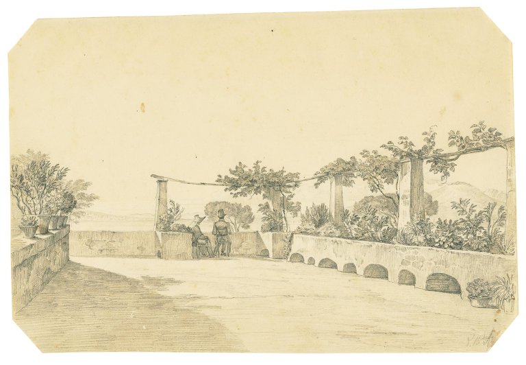 Auf diesem Bild ist das folgende Kunstwerk zu sehen: Carl Wilhelm Götzloff. Paar auf einer Terrasse bei Neapel.