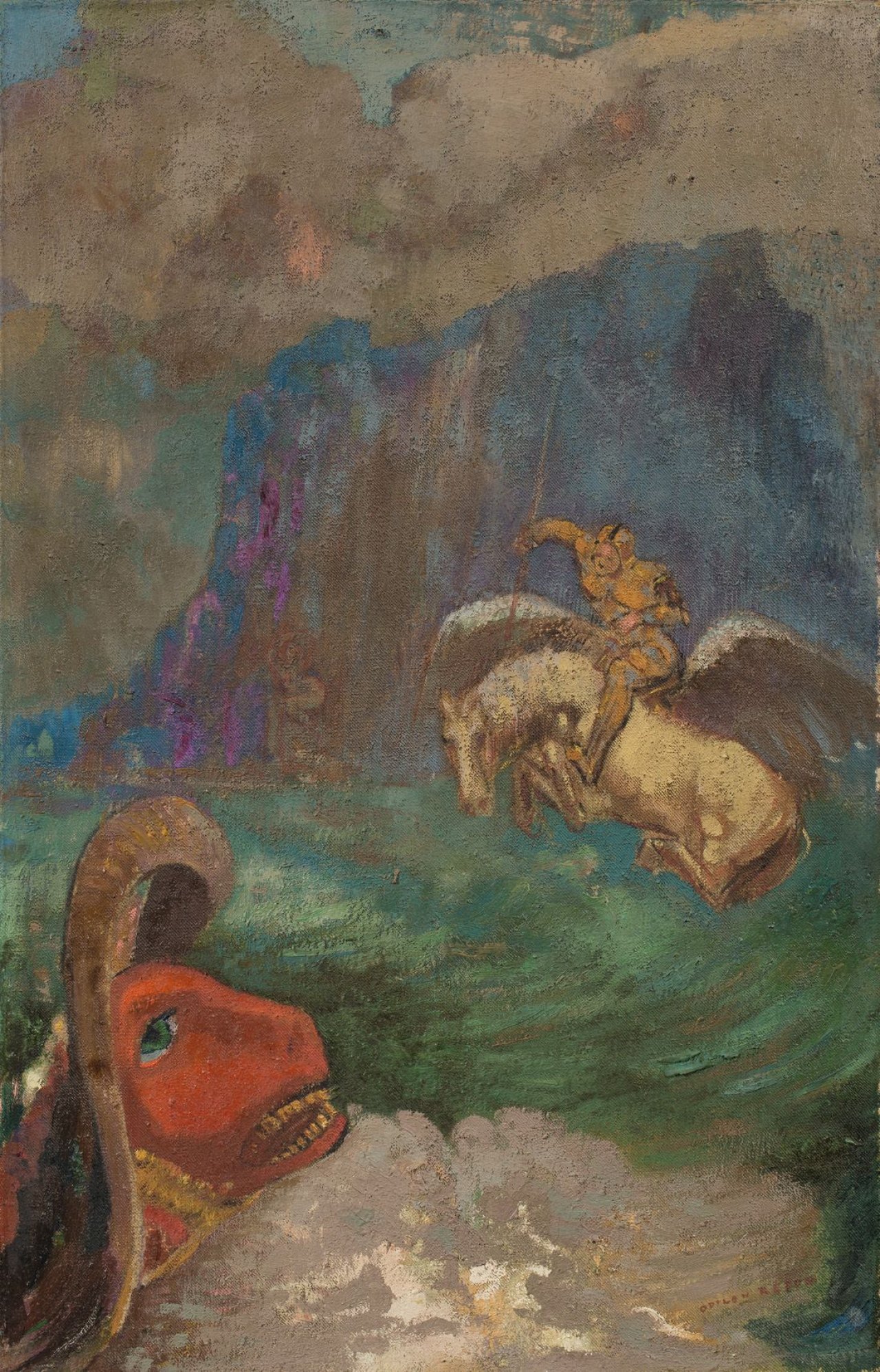 Auf diesem Bild ist das folgende Kunstwerk zu sehen: Odilon Redon. „Roger et Angélique“ (auch „Saint Georges et le Dragon“ oder „Andromède sauvée“). (Vor) 1908.