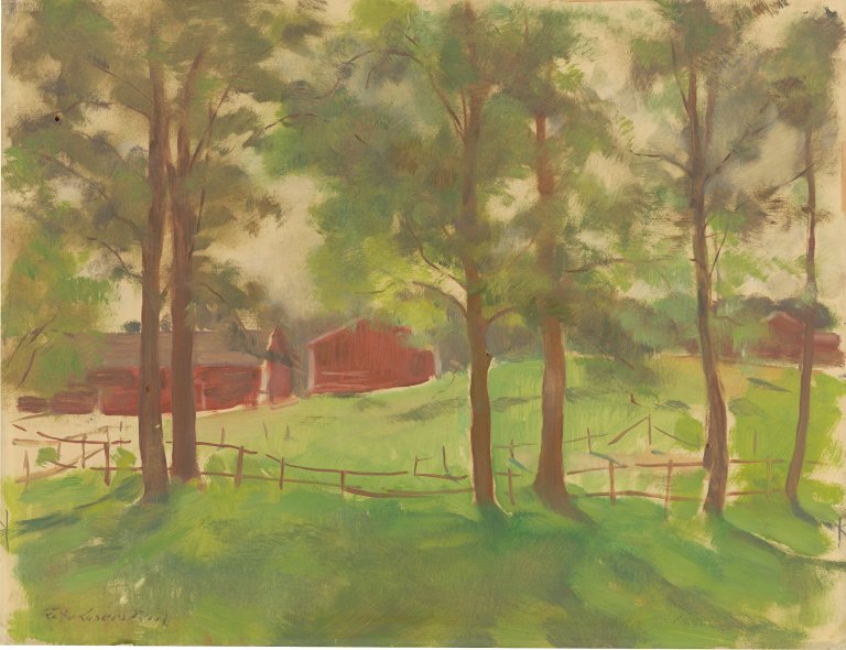 Auf diesem Bild ist das folgende Kunstwerk zu sehen: Lotte Laserstein. „Schwedischer Bauernhof“. Um 1942.
