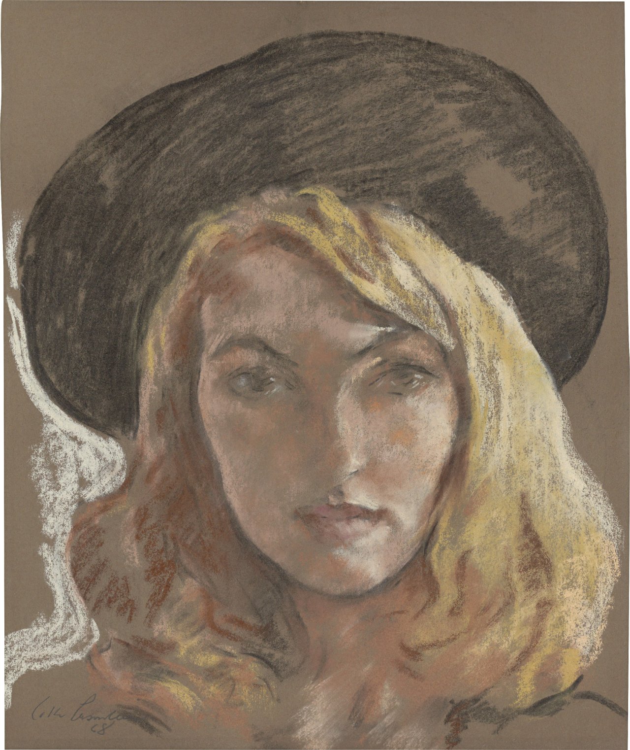 This picture shows the following artwork: Lotte Laserstein. Portrait of a young woman with hat.