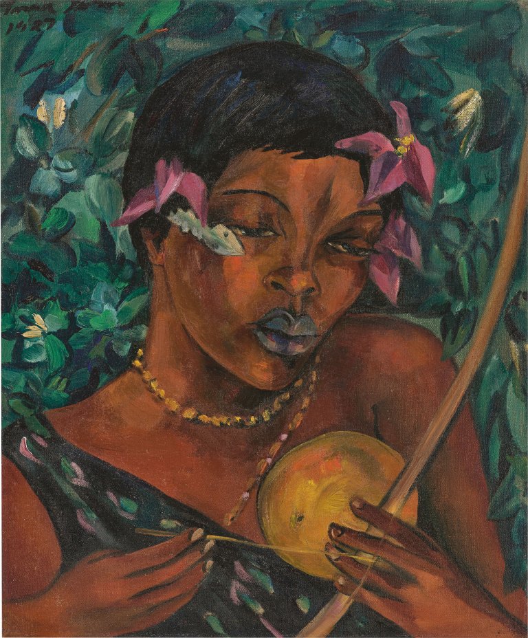 Auf diesem Bild ist das folgende Kunstwerk zu sehen: Irma Stern. Junge Frau mit Musikinstrument (Makhoyane). 1927.