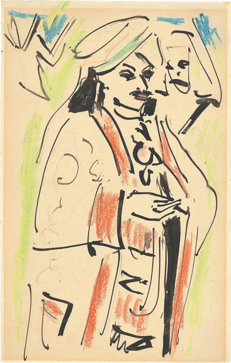 Auf diesem Bild ist das folgende Kunstwerk zu sehen: Ernst Ludwig Kirchner. Orientale mit Turban. Um 1910.