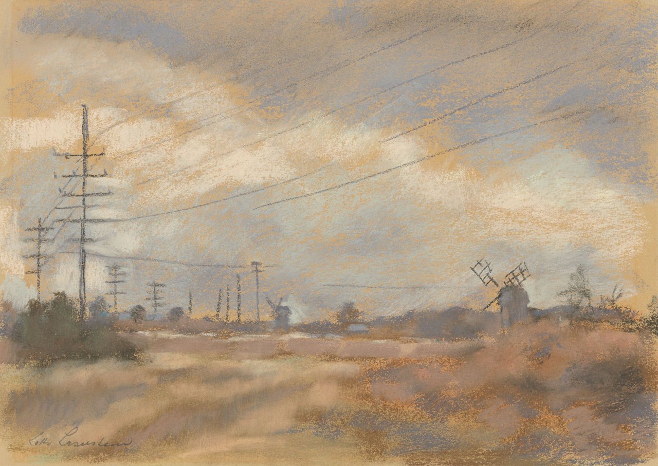 Auf diesem Bild ist das folgende Kunstwerk zu sehen: Lotte Laserstein. Landschaft mit Windmühle (Vermutlich Öland). 1950er-Jahre.