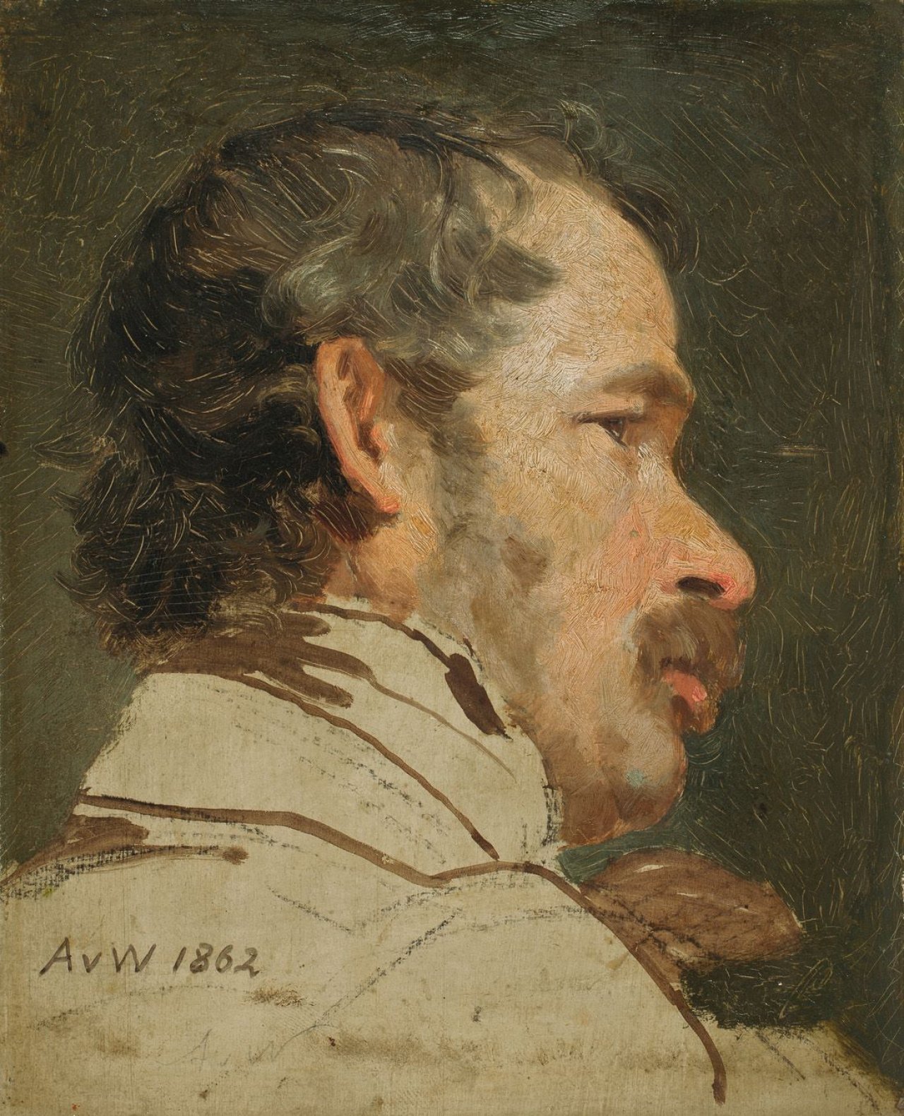 Auf diesem Bild ist das folgende Kunstwerk zu sehen: Anton von Werner. „Studienkopf eines schnauzbärtigen Mannes im verlorenen Profil“. 1862.