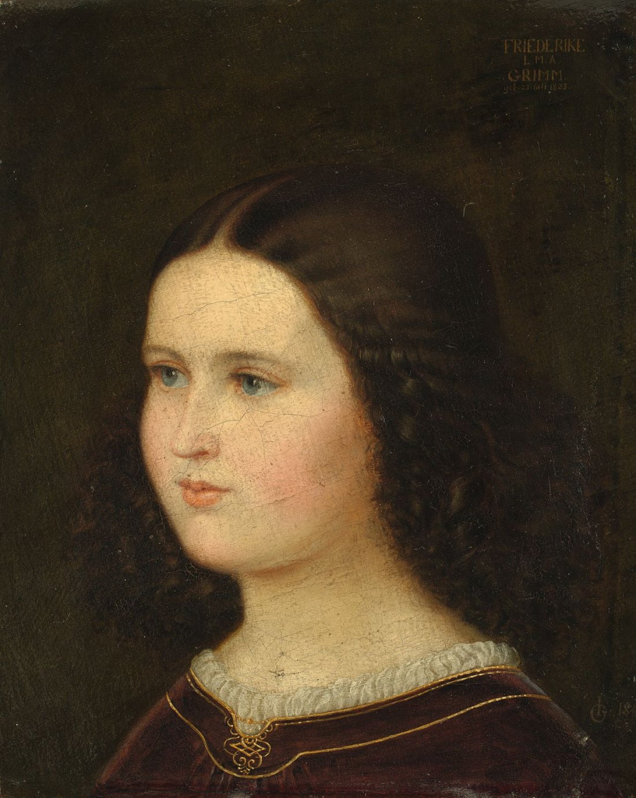 Auf diesem Bild ist das folgende Kunstwerk zu sehen: Ludwig Emil Grimm. „Friederike Grimm (1833-1914), genannt Ideke, die Tochter des Malers, knappes Brustbild im Halbprofil“. Um 1843/45.