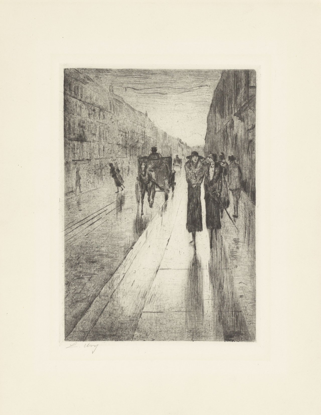 Auf diesem Bild ist das folgende Kunstwerk zu sehen: Lesser Ury. „Spaziergänger im Regen vor Pferdedroschke“. 1919.