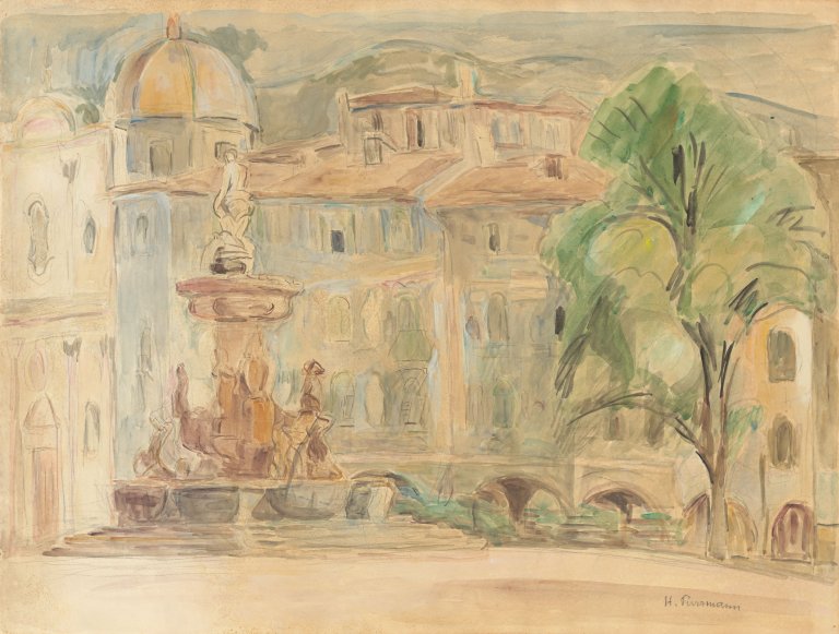 Auf diesem Bild ist das folgende Kunstwerk zu sehen: Hans Purrmann. „Marktbrunnen in Trient“. 1933.