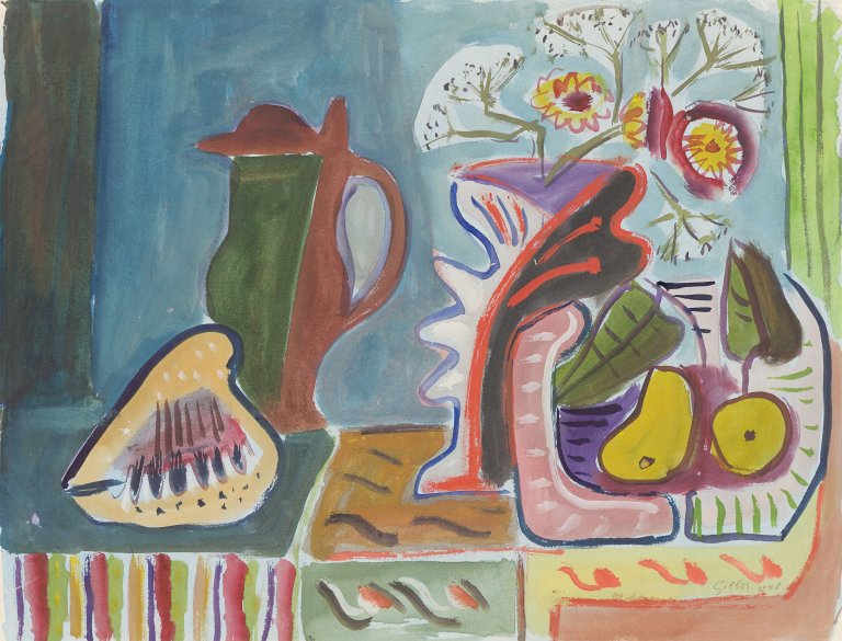 Auf diesem Bild ist das folgende Kunstwerk zu sehen: Werner Gilles. Stilleben mit Blumen, Krug und Muschel. 1948.