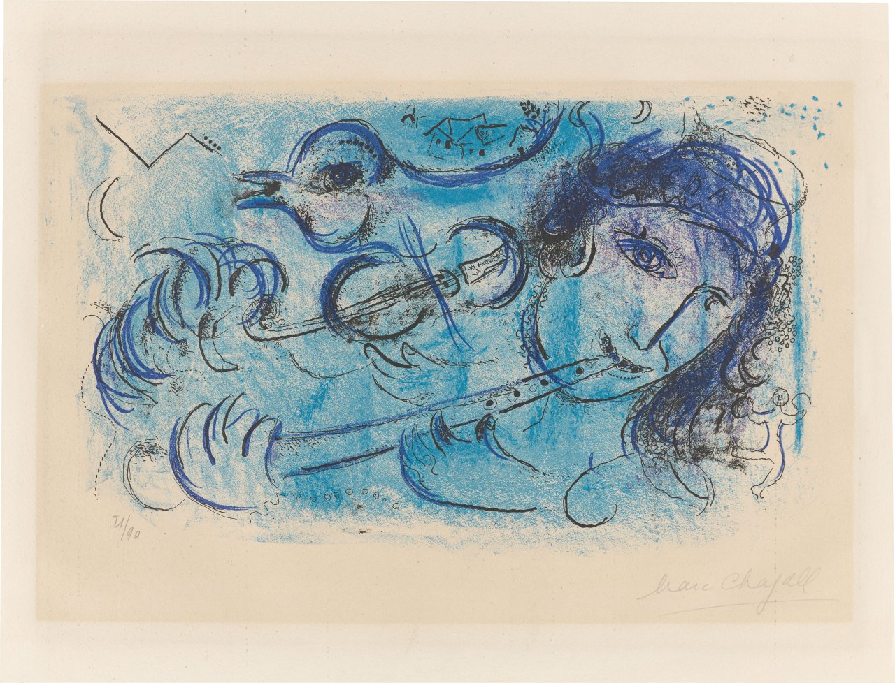 Auf diesem Bild ist das folgende Kunstwerk zu sehen: Marc Chagall. „Le joueur de flûte“. 1957.