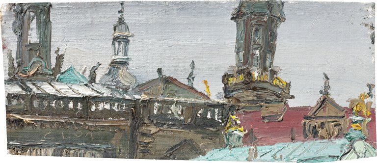 Auf diesem Bild ist das folgende Kunstwerk zu sehen: Christopher Lehmpfuhl. „Verspielte Dächer (Dresden)“. 2001.
