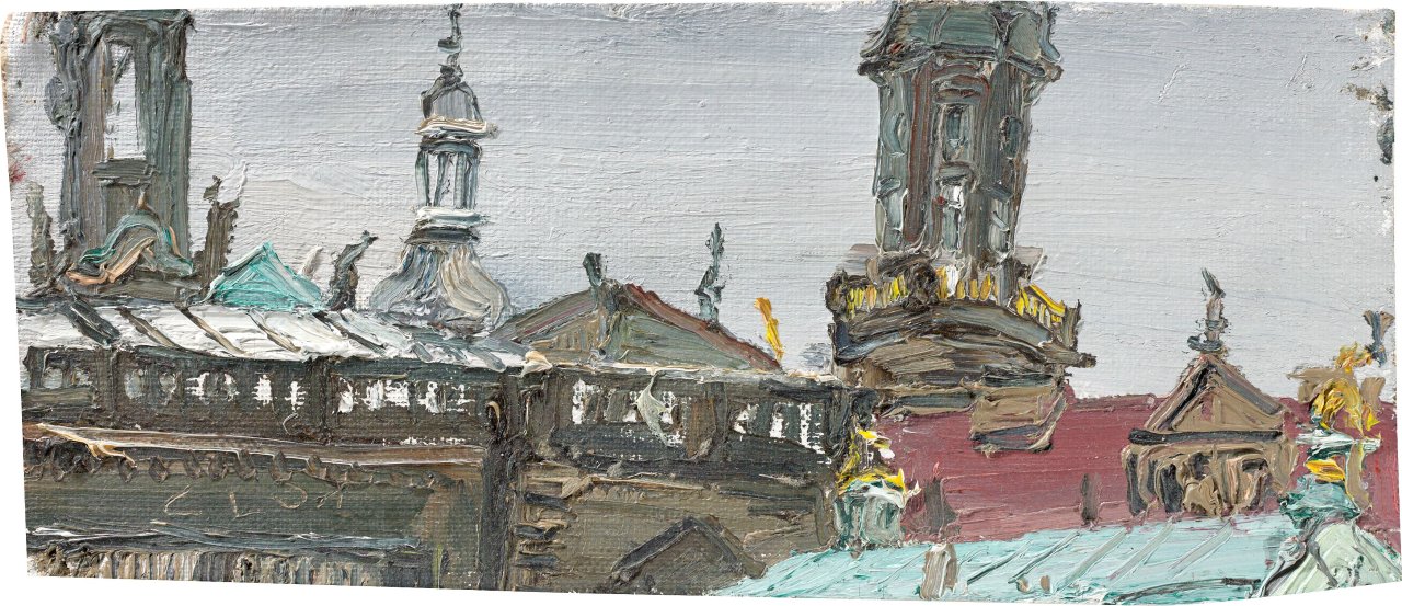 Auf diesem Bild ist das folgende Kunstwerk zu sehen: Christopher Lehmpfuhl. „Verspielte Dächer (Dresden)“. 2001.