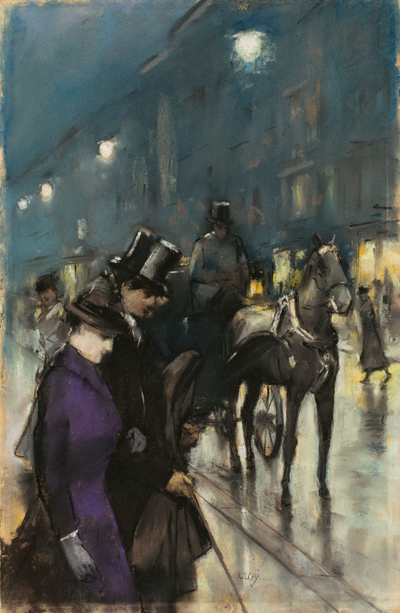 Auf diesem Bild ist das folgende Kunstwerk zu sehen: Lesser Ury. „Nächtliche Straßenszene“. Um 1888/90.