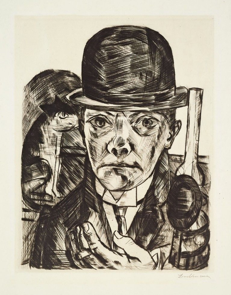 Auf diesem Bild ist das folgende Kunstwerk zu sehen: Max Beckmann. „Selbstbildnis mit steifem Hut“. 1921.