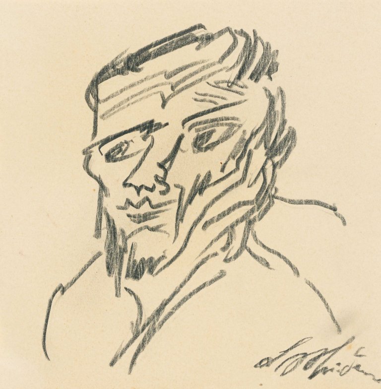 Auf diesem Bild ist das folgende Kunstwerk zu sehen: Ludwig Meidner. Männerkopf / Allegorie. Um 1915.