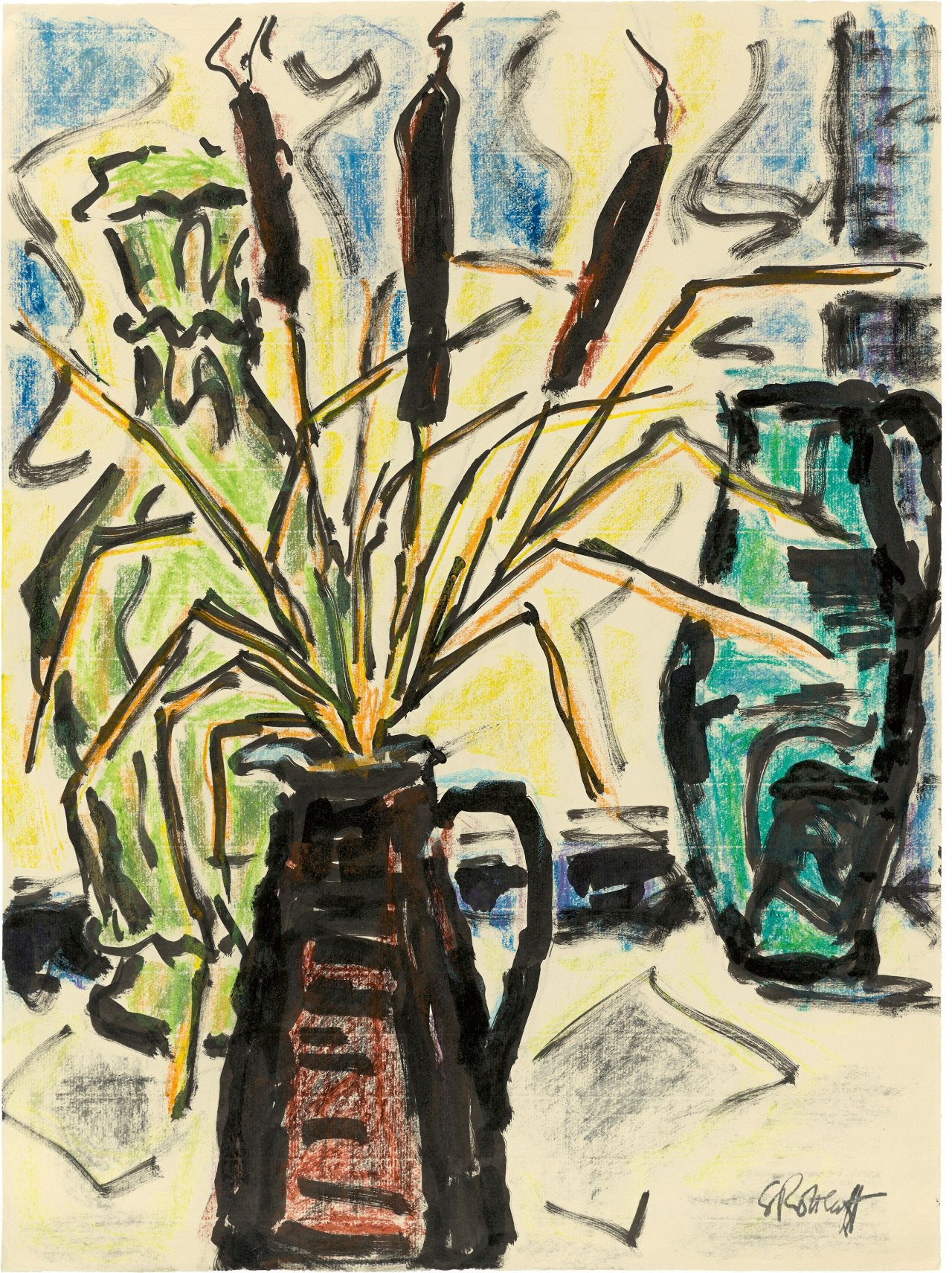 Auf diesem Bild ist das folgende Kunstwerk zu sehen: Karl Schmidt-Rottluff. Stillleben mit Schilfkolben. Um 1955.