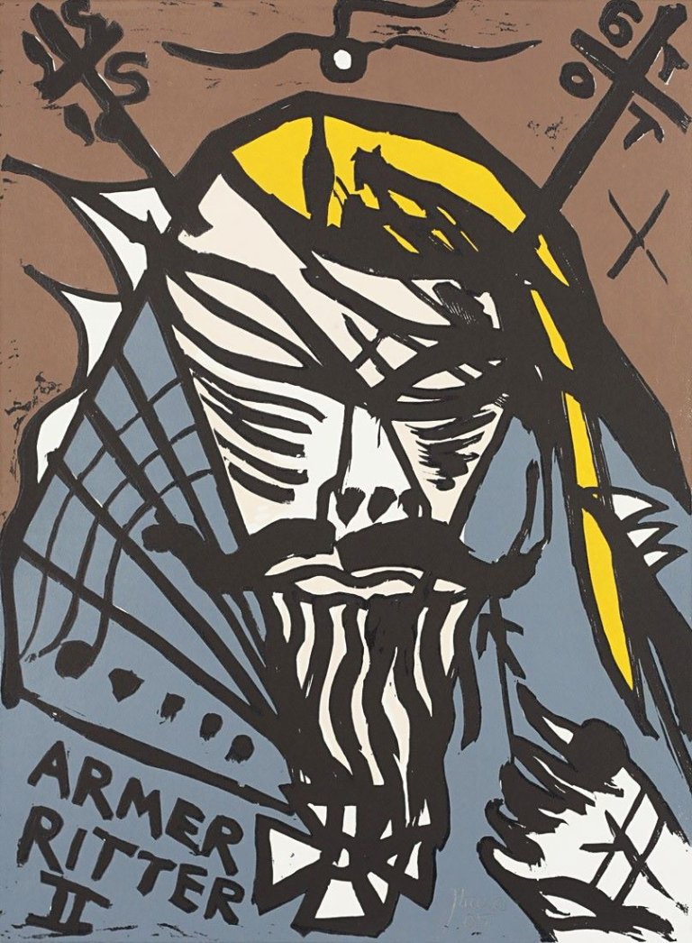 Auf diesem Bild ist das folgende Kunstwerk zu sehen: Jonathan Meese. „Dietrich von Bern in Drachenhaut“ / „Siegfried der Blökkopf in Hornhaut“ / „Siegfried im Turmzimmer“ / „Hagen von Tronje der Tiefsee“. \206/\211/. . 2005.