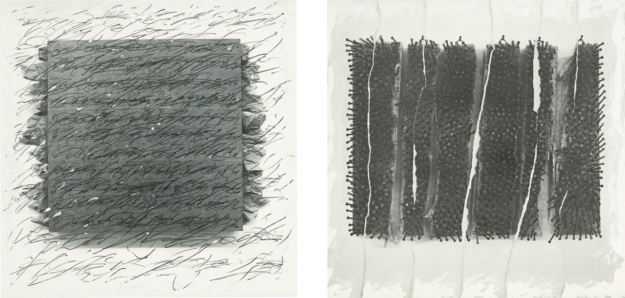 Auf diesem Bild ist das folgende Kunstwerk zu sehen: Günther Uecker. „Zum Schweigen der Schrift oder die Sprachlosigkeit“. 1979.