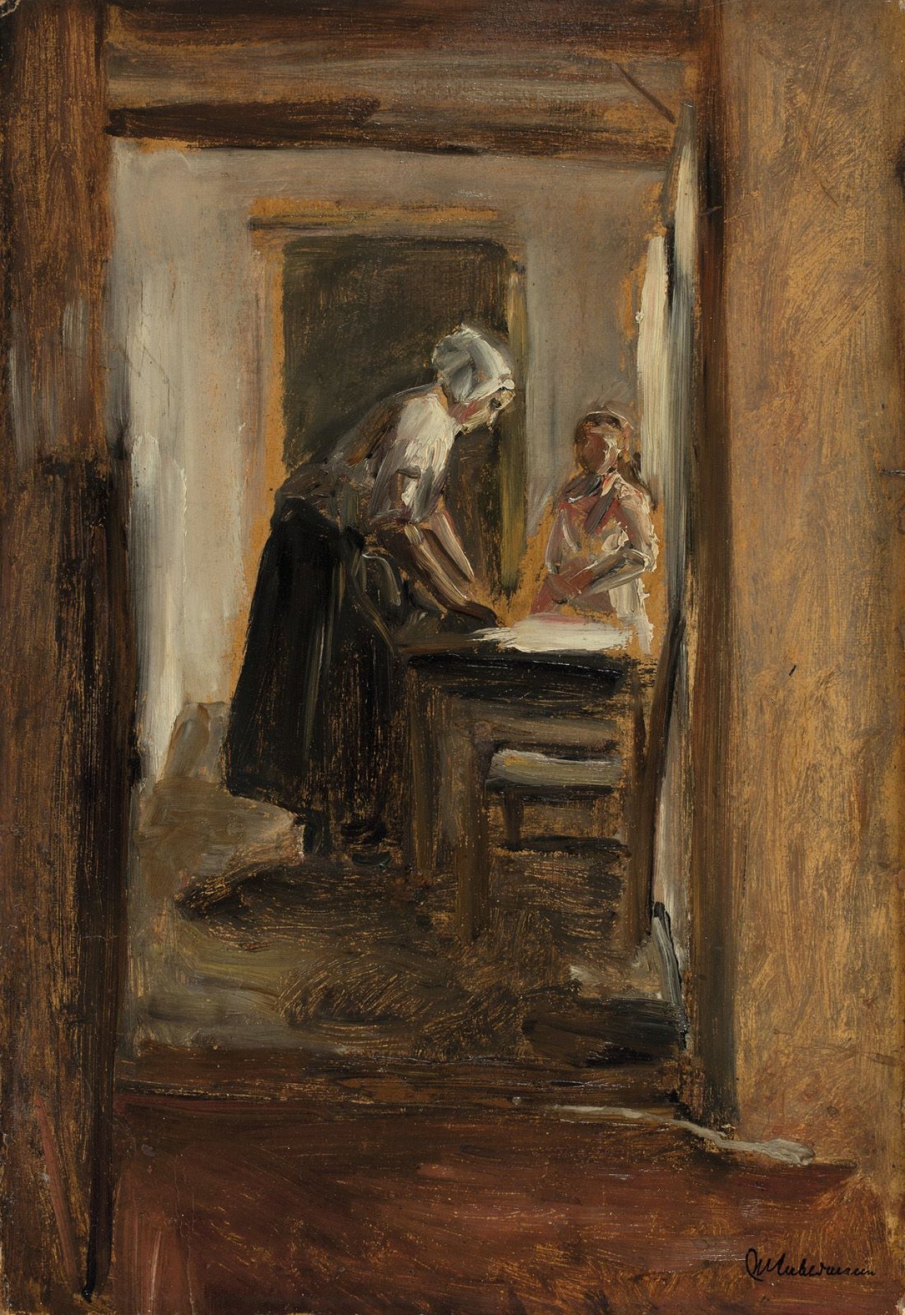 This picture shows the following artwork: Max Liebermann. „Interieur mit bügelnder Frau und Kind“. 1884.