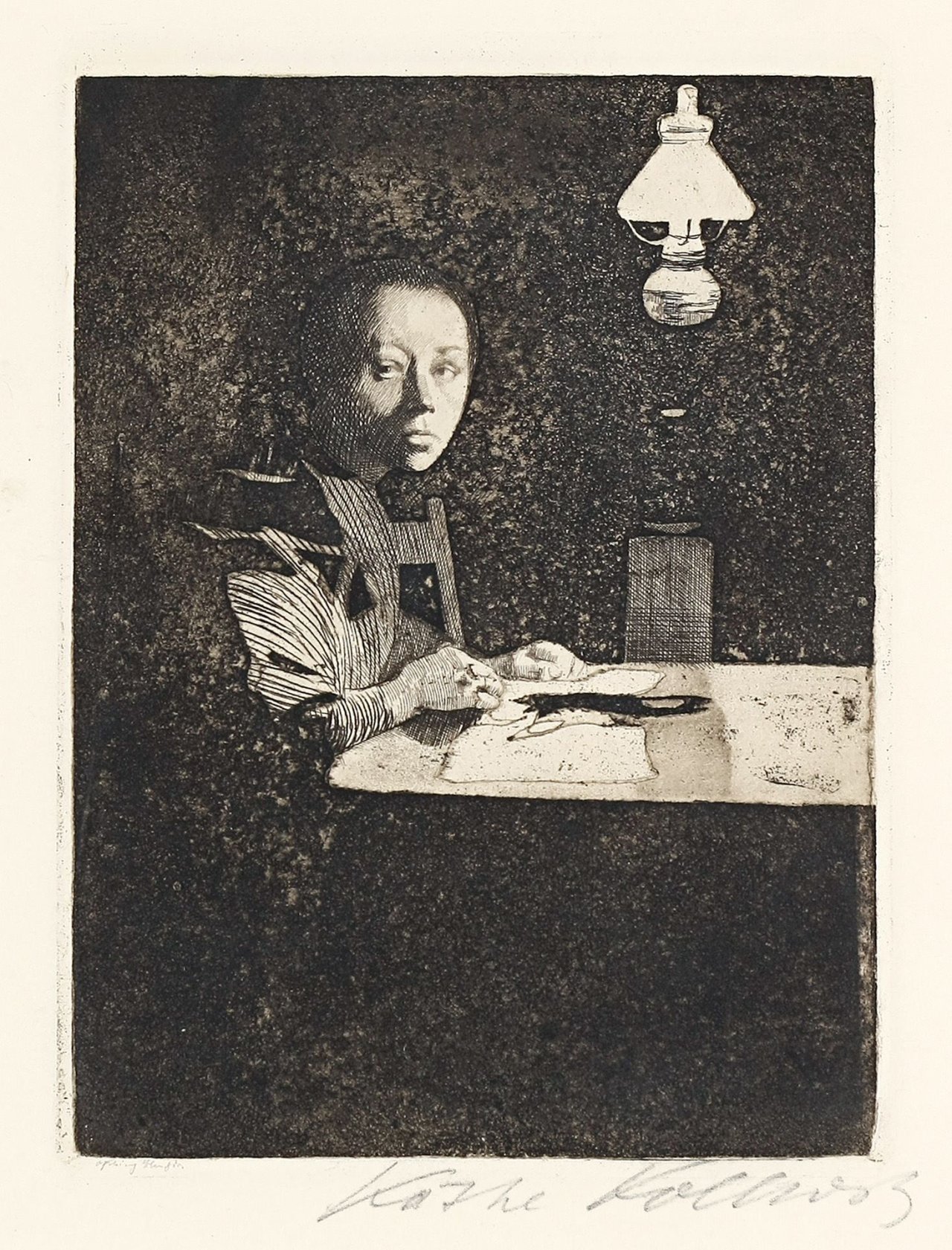 Auf diesem Bild ist das folgende Kunstwerk zu sehen: Käthe Kollwitz. „Selbstbildnis am Tisch“. 1893.