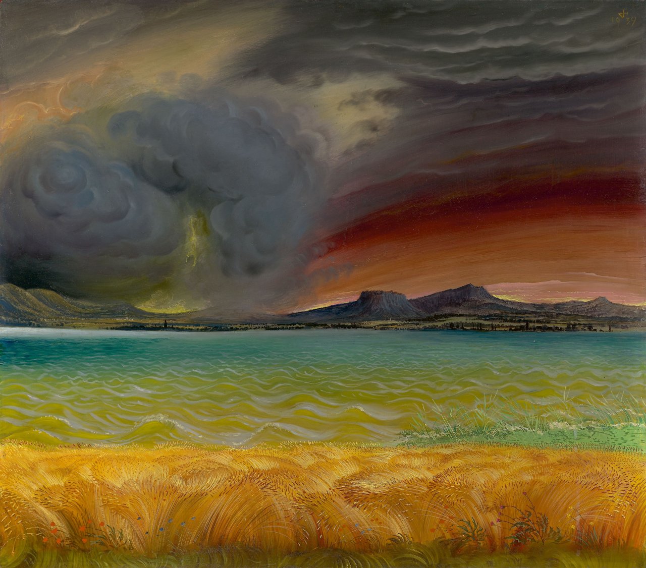 Auf diesem Bild ist das folgende Kunstwerk zu sehen: Otto Dix. „Bodenseelandschaft bei stürmischem Wetter (Gewitter am Bodensee)“. 1939.