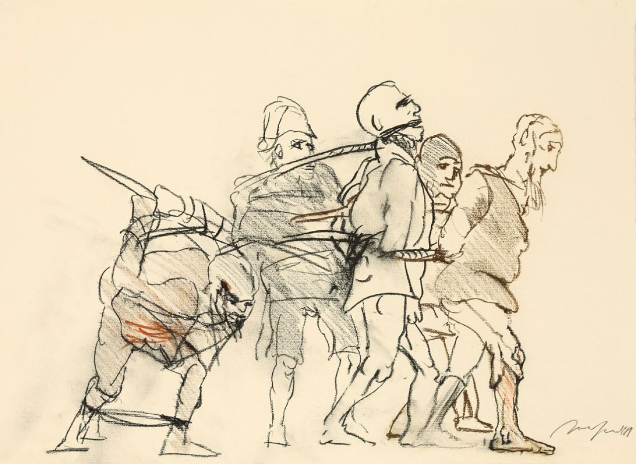 Auf diesem Bild ist das folgende Kunstwerk zu sehen: Alfred Hrdlicka. „Troß gefangener Bauern“. 1989.