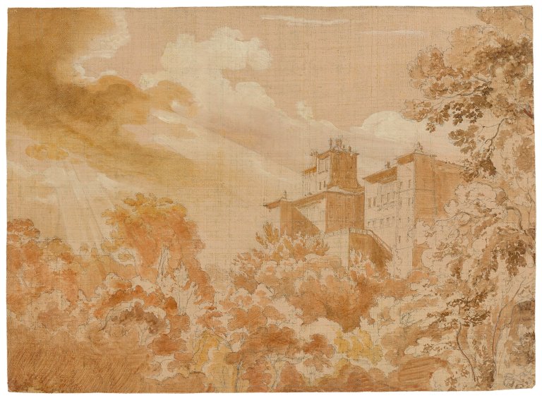 Auf diesem Bild ist das folgende Kunstwerk zu sehen: Ernst Fries. „Blick über Bäume auf die Villa Chigi in Ariccia“. Um 1829/31 (?).