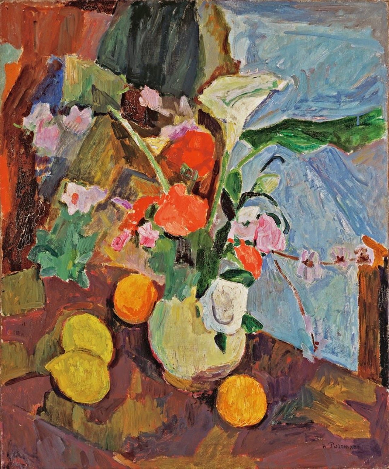 This picture shows the following artwork: Hans Purrmann. „Blumenvase und Zitronen“. 1913.