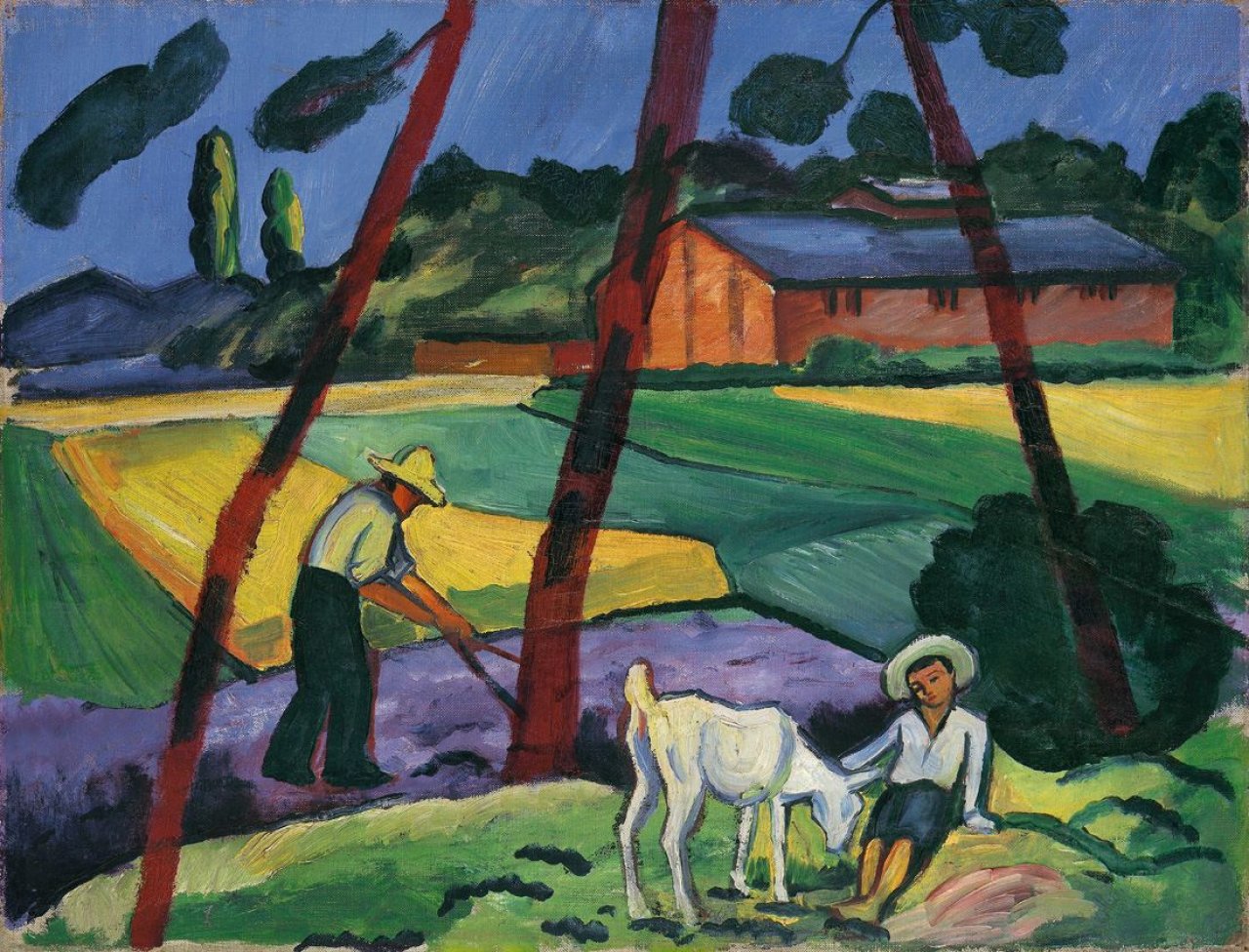 Auf diesem Bild ist das folgende Kunstwerk zu sehen: August Macke. „Landschaft mit Bauer, Junge und Ziege“. 1914.