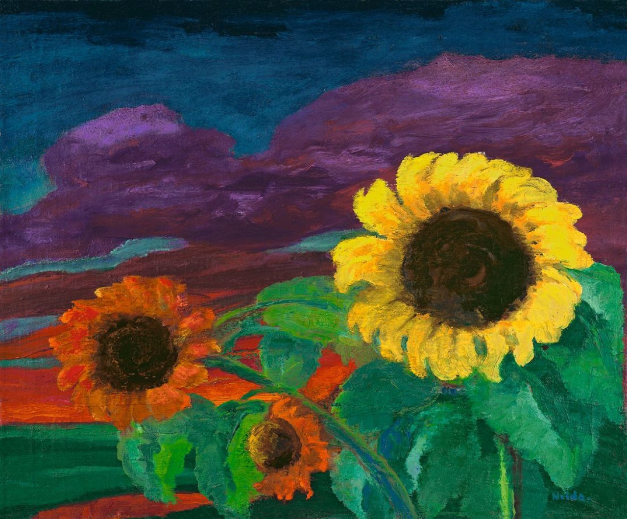 Auf diesem Bild ist das folgende Kunstwerk zu sehen: Emil Nolde. „Sonnenblumen im Abendlicht“. 1943.