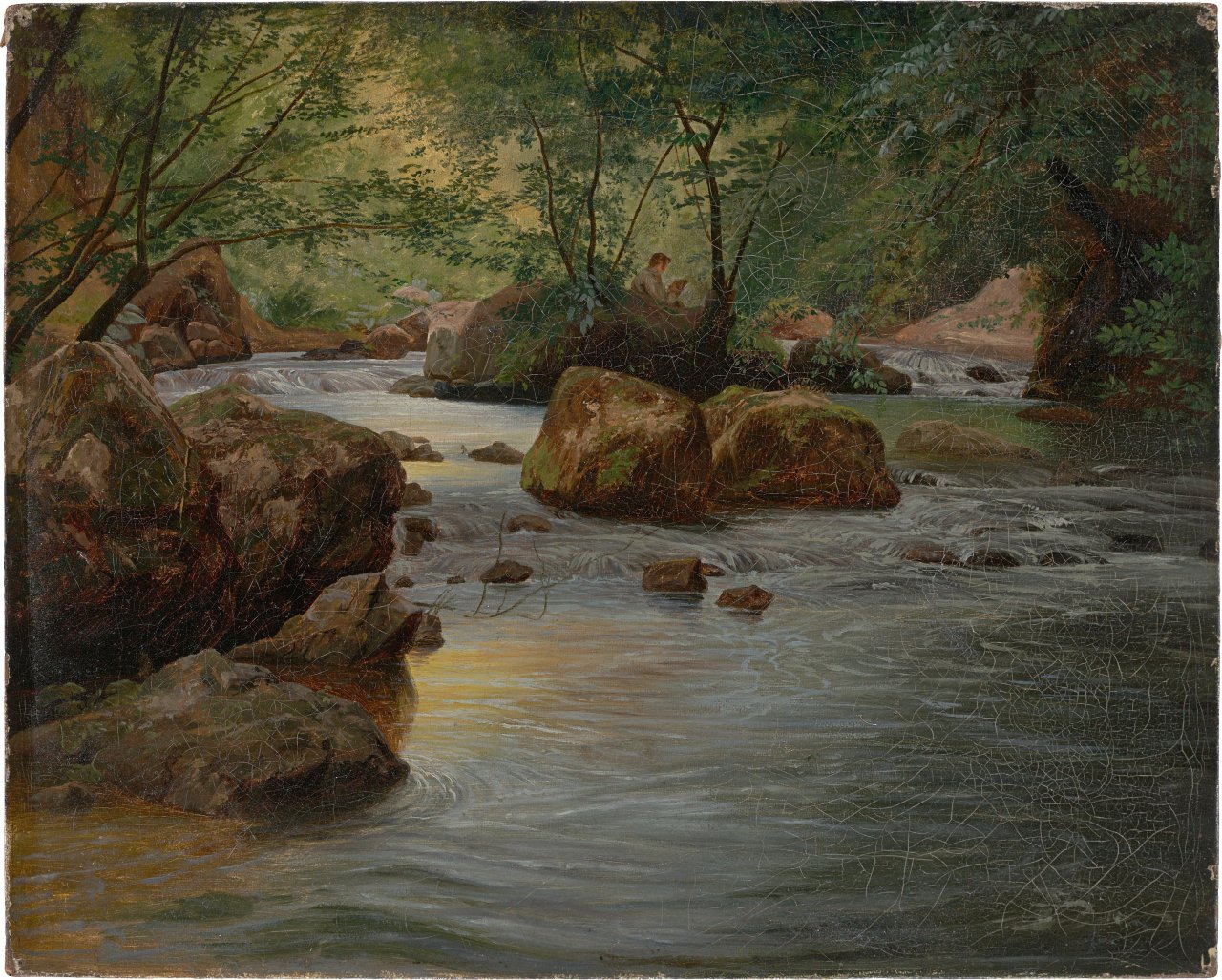Auf diesem Bild ist das folgende Kunstwerk zu sehen:  Deutsch, um 1830/40. Bergbach mit sitzendem Maler.