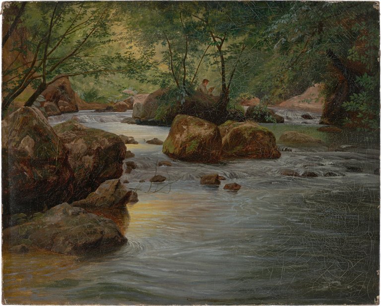 Auf diesem Bild ist das folgende Kunstwerk zu sehen:  Deutsch, um 1830/40. Bergbach mit sitzendem Maler.