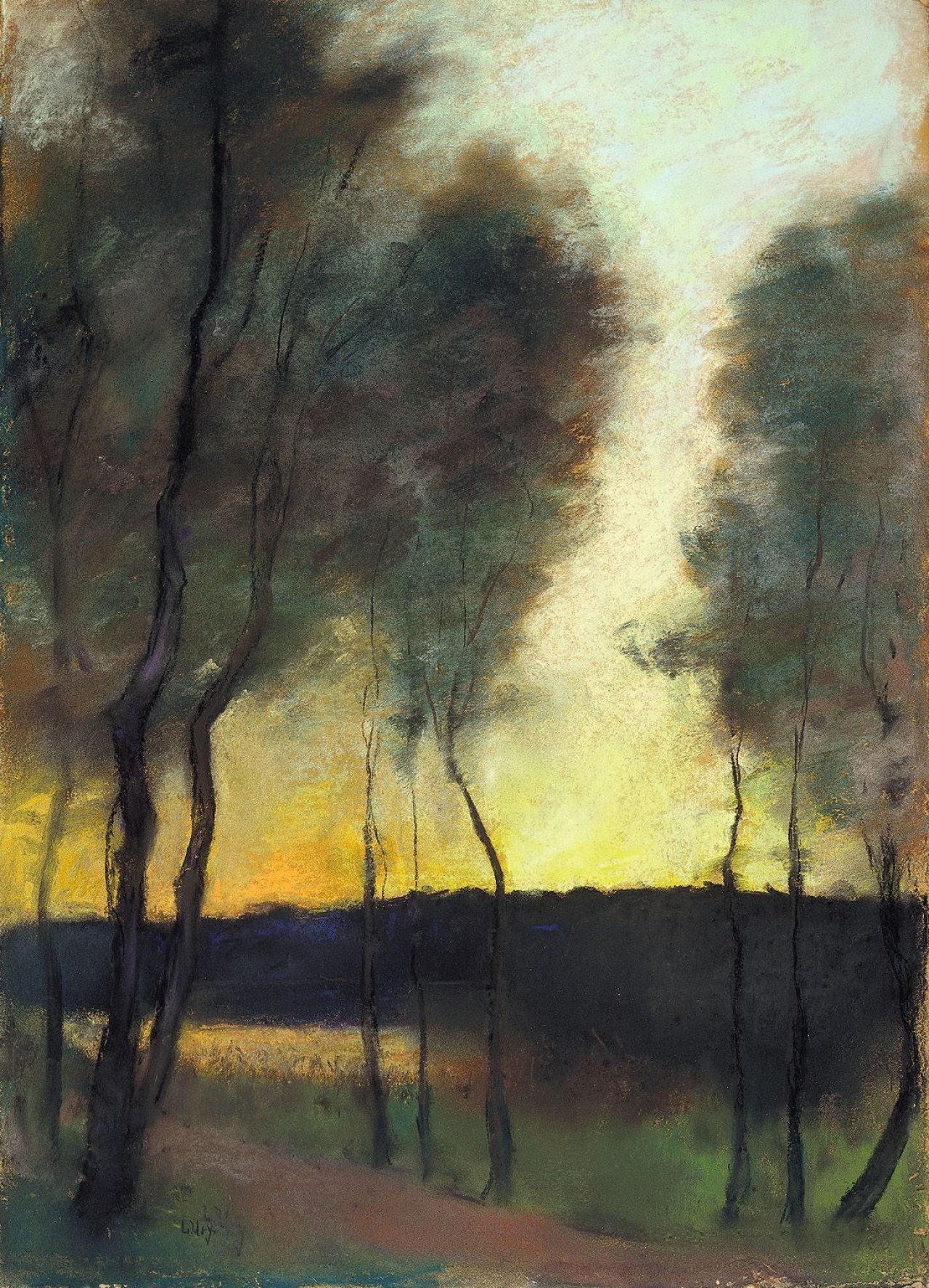 Auf diesem Bild ist das folgende Kunstwerk zu sehen: Lesser Ury. „Herbststimmung am Grunewaldsee“.