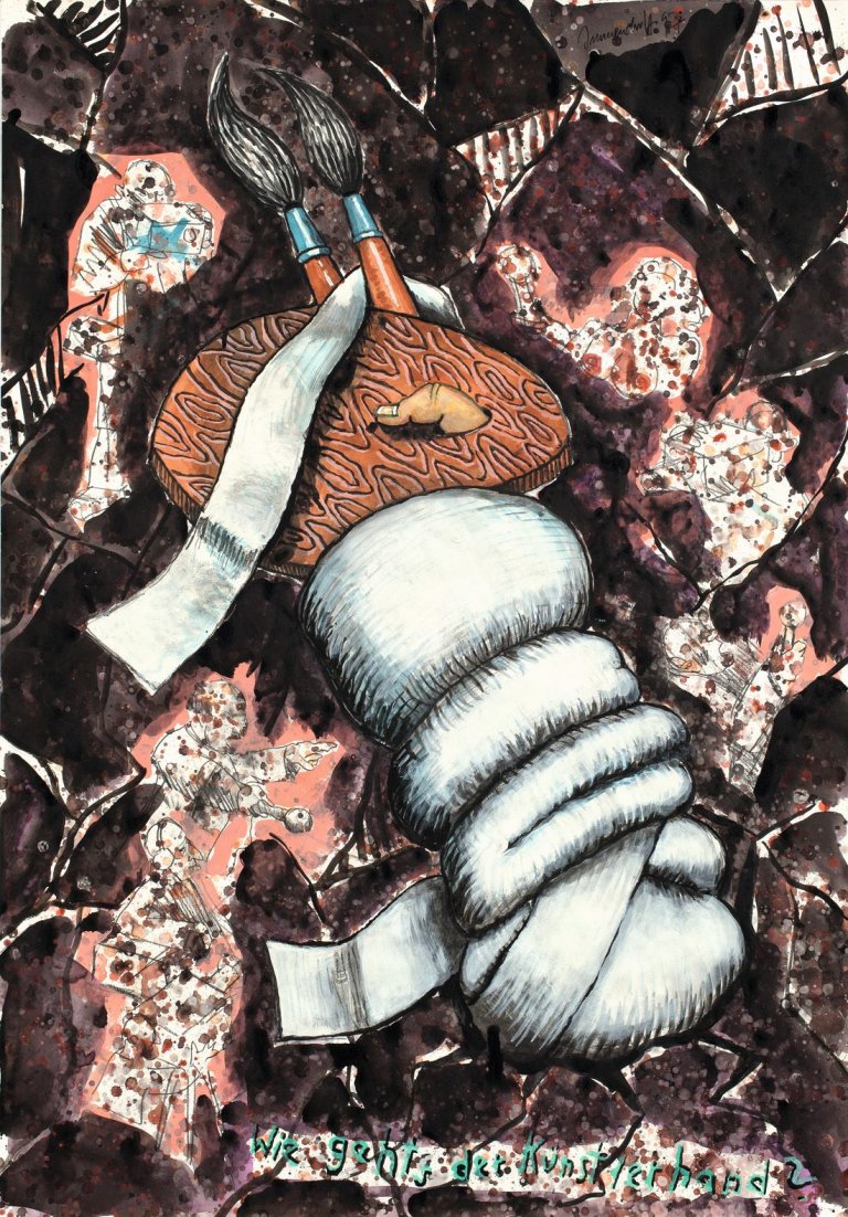 Auf diesem Bild ist das folgende Kunstwerk zu sehen: Jörg Immendorff. „Wie gehts der Künstlerhand?“. 1997.