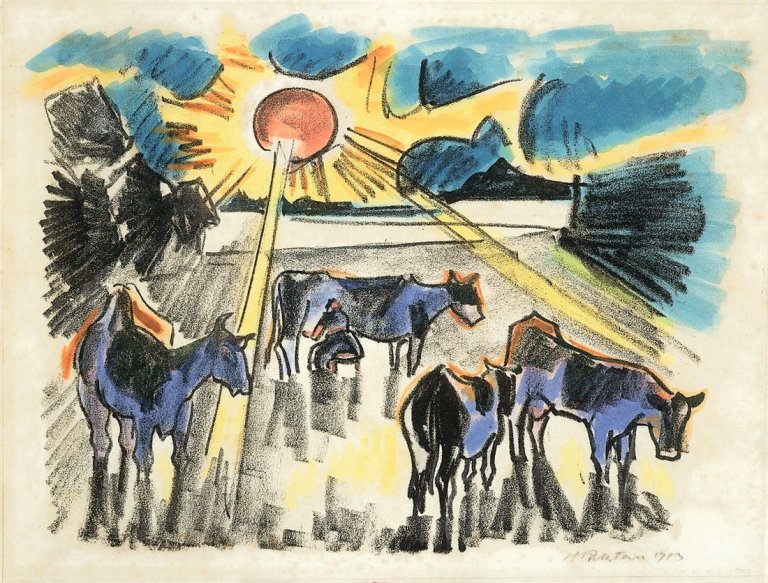 Auf diesem Bild ist das folgende Kunstwerk zu sehen: Max Pechstein. „Kühe auf der Weide“. 1923.