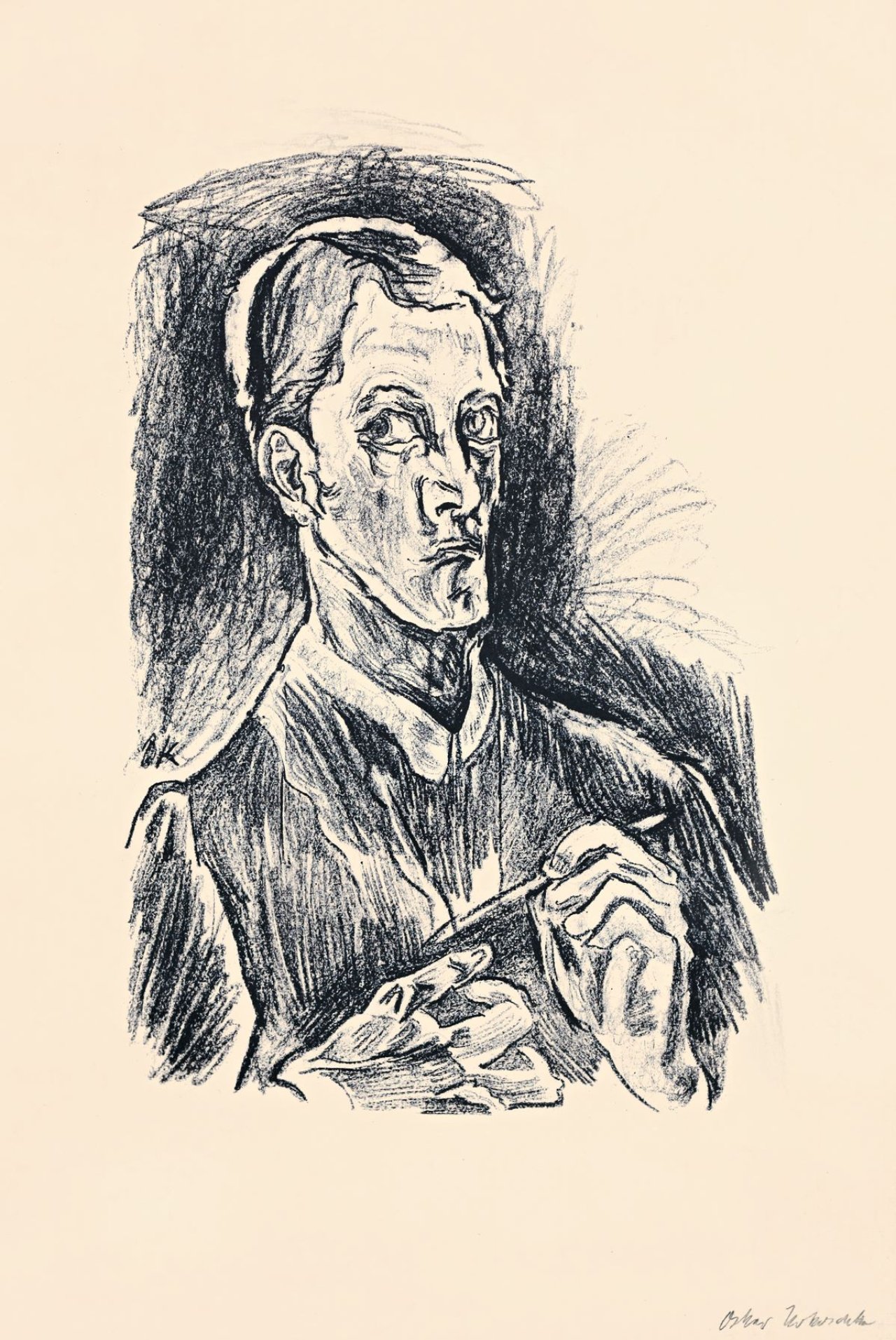 Auf diesem Bild ist das folgende Kunstwerk zu sehen: Oskar Kokoschka. „Selbstbildnis (Brustbild mit Zeichenstift)“. 1914.