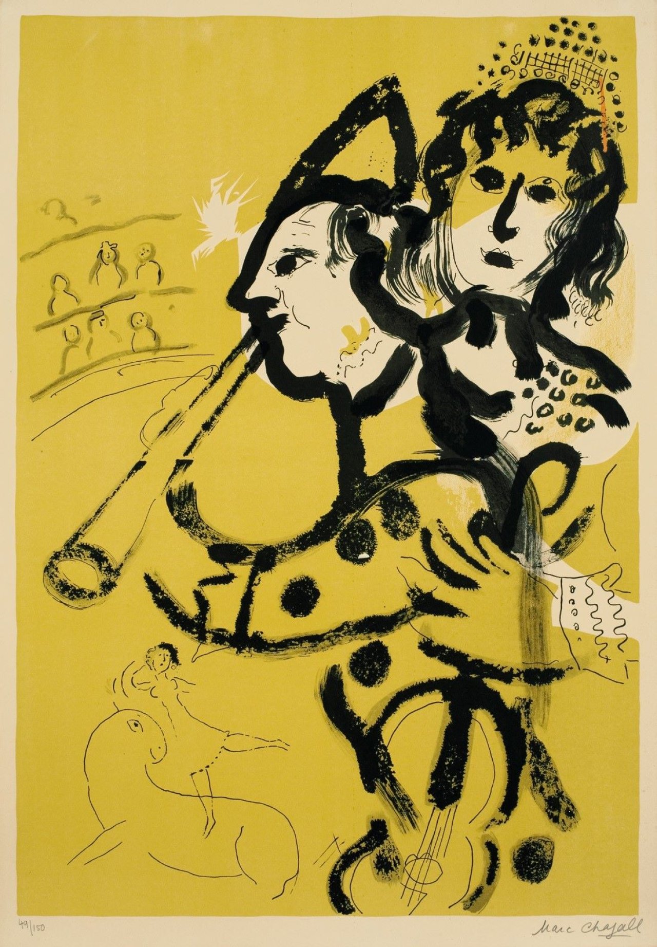 Auf diesem Bild ist das folgende Kunstwerk zu sehen: Marc Chagall. „Le Clown musicien“. 1957.