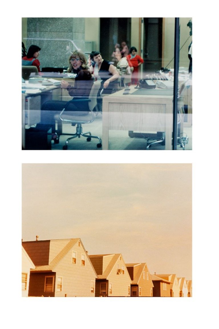 Auf diesem Bild ist das folgende Kunstwerk zu sehen: Dan Graham (d.i. Daniel Harry Ginsberg). Diptychon „Bank Window, Toronto, Canada 1981“, „New Tract Houses, Bayonne, N.J. 1966“.