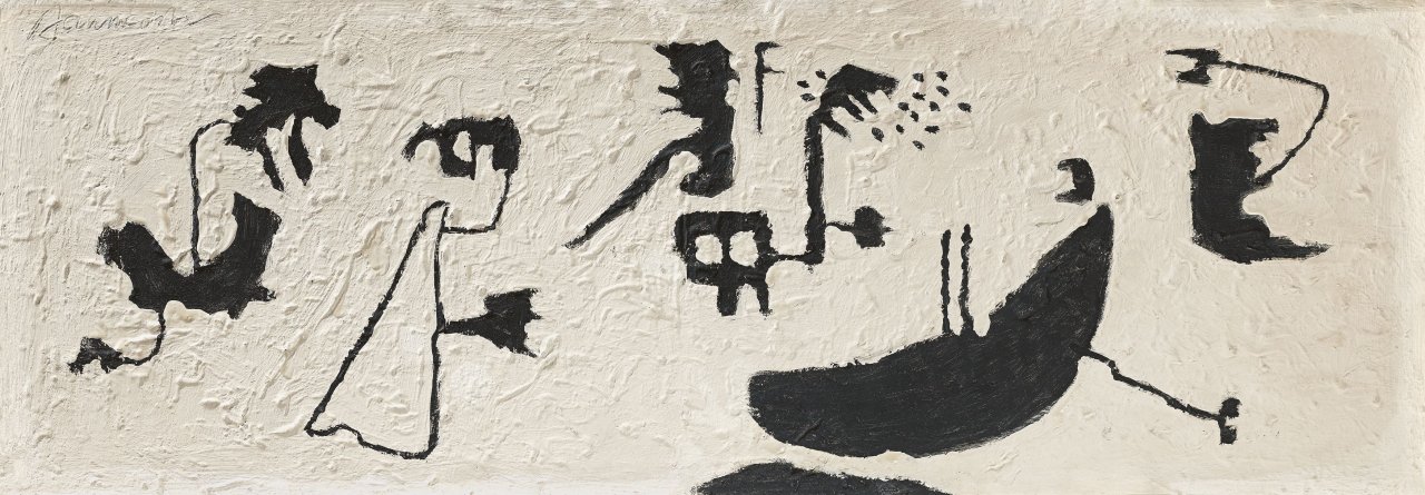 Auf diesem Bild ist das folgende Kunstwerk zu sehen: Willi Baumeister. „Schwarze Formen schwebend (Friesbild)“. 1950.