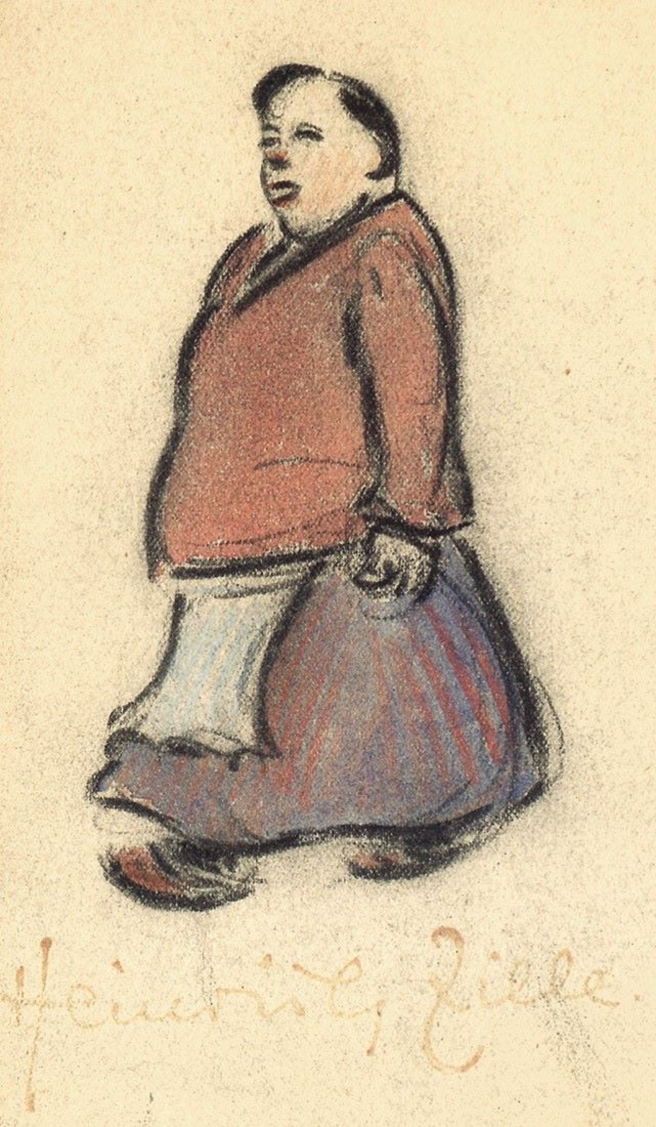 Auf diesem Bild ist das folgende Kunstwerk zu sehen: Heinrich Zille. Frau in blau-rotem Kleid mit Schürze.
