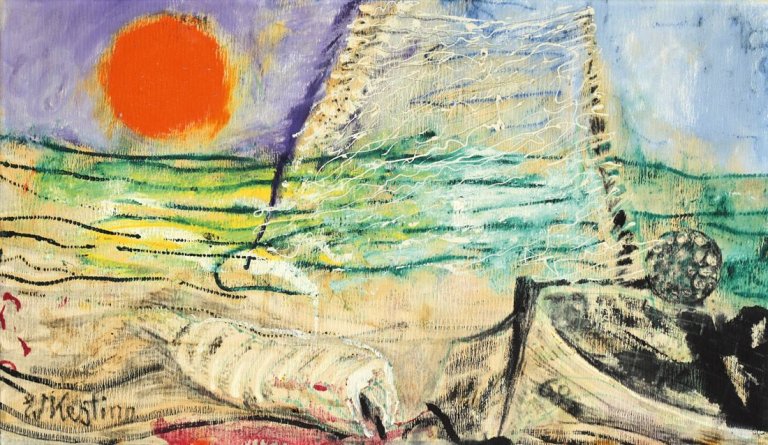 Auf diesem Bild ist das folgende Kunstwerk zu sehen: Edmund Kesting. Ohne Titel (Fischkutter am Meer). 1968.