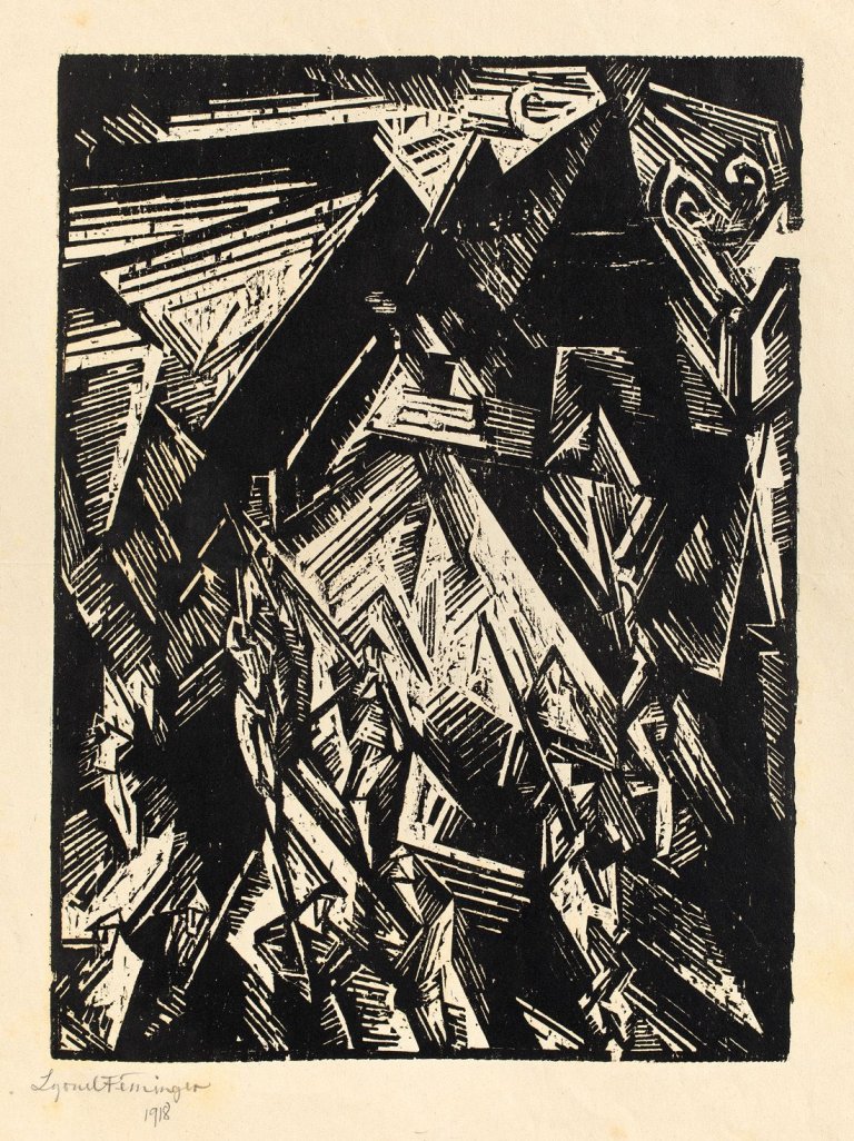 Auf diesem Bild ist das folgende Kunstwerk zu sehen: Lyonel Feininger. „Gebäude im Mondlicht“. 1918.