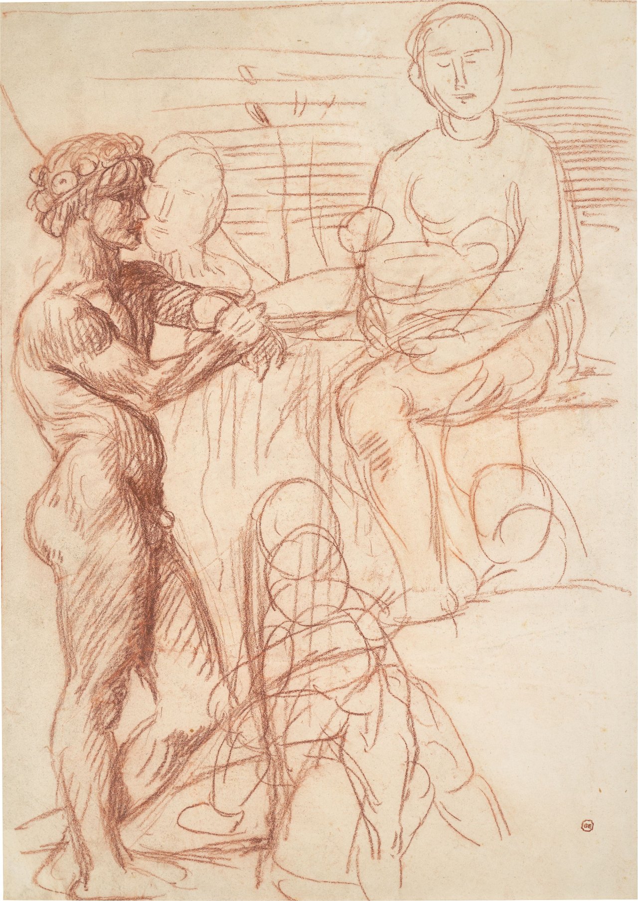 Auf diesem Bild ist das folgende Kunstwerk zu sehen: Hans von Marées. „Stehender Knabe und sitzende Frau“. Um 1884.