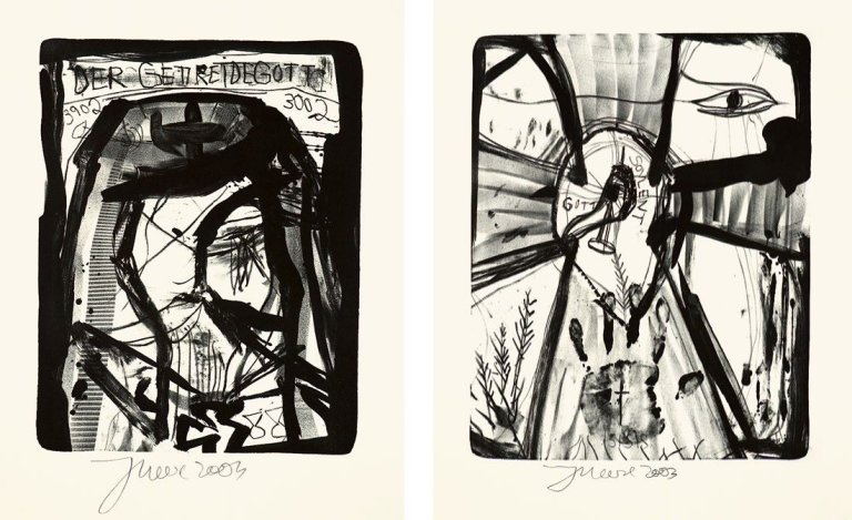 Auf diesem Bild ist das folgende Kunstwerk zu sehen: Jonathan Meese. „Der Getreidegott“/ „Der Isisgott“ / „Der Ordensgott“ / „Die Insektengöttin“ / „Die Saalgöttin“ / „Die Erntegöttin“. 2003.