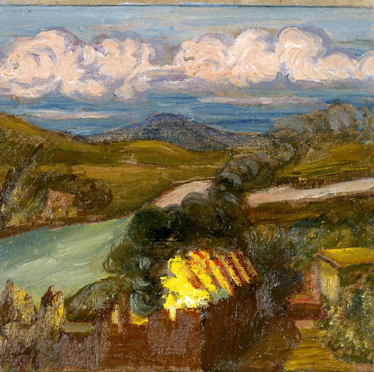Auf diesem Bild ist das folgende Kunstwerk zu sehen: Ludwig Meidner. Brand über einem Flusslauf. 1956/60.