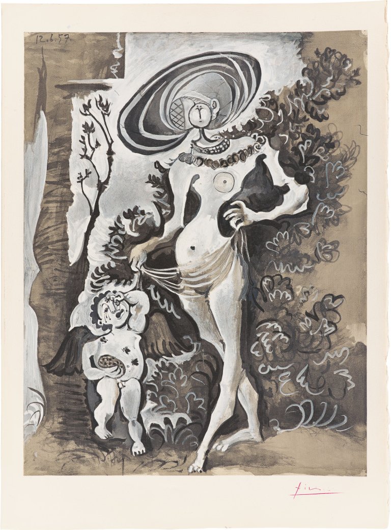 Auf diesem Bild ist das folgende Kunstwerk zu sehen: Nach Pablo Picasso. „Vénus et l’amour voleur de miel (d’après Cranach l’Ancien)“. Um 1957.
